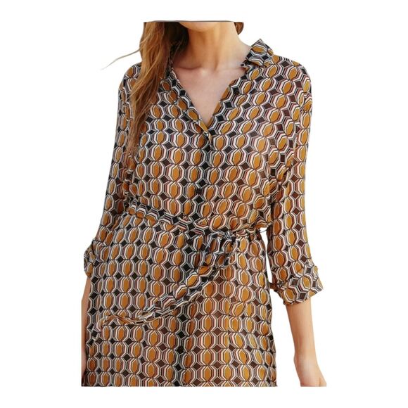 Dress Forum Womens Geometric Shirt Dress Gold Yellow Front Tie Long Sleeve S - Picture 1 of 11